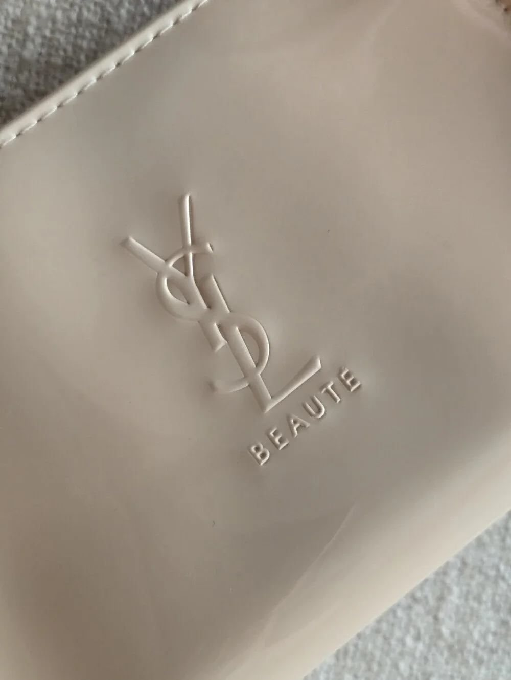 YSL BEAUTE Patent Blush Pink Cosmetic Bag Pouch With 2 YSL Perfume Samples